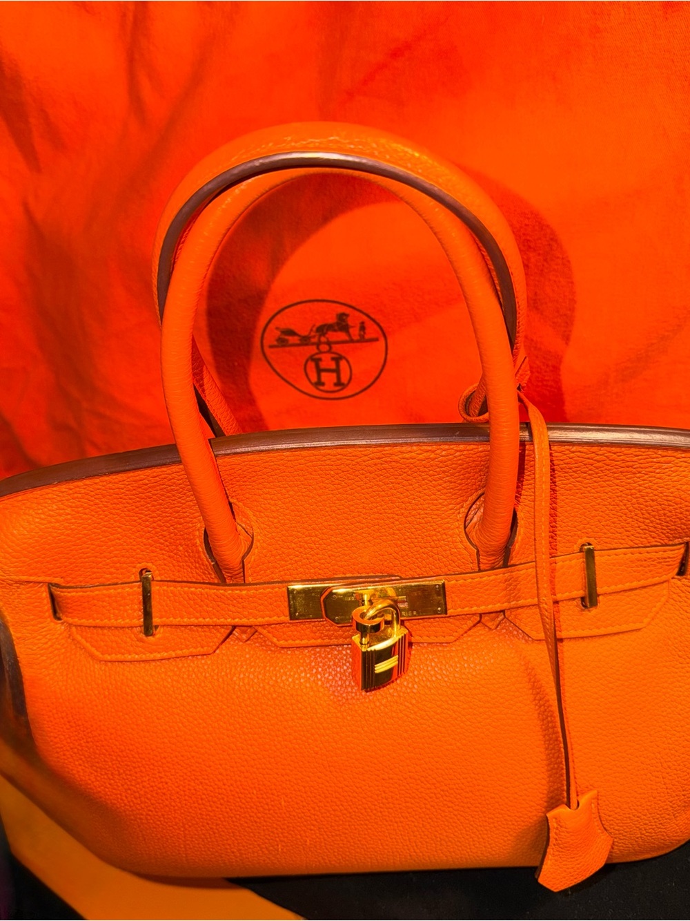 Orange Hermes Birkin 30 Leather Purse with Gold Accents